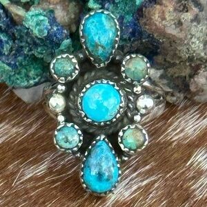 Turquoise cluster southwestern sterling silver ring